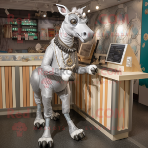 Silver Okapi mascot costume character dressed with a Capri Pants and Coin purses