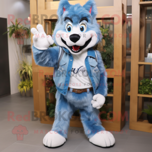 Sky Blue Say Wolf mascot costume character dressed with a Jeans and Hairpins