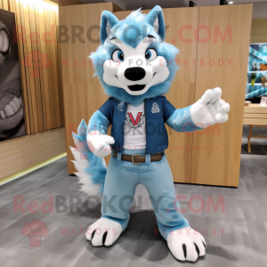 Sky Blue Say Wolf mascot costume character dressed with a Jeans and Hairpins