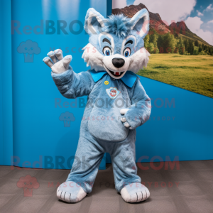 Sky Blue Say Wolf mascot costume character dressed with a Jeans and Hairpins