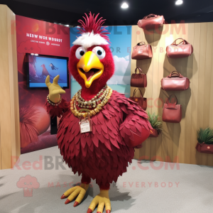 Maroon Rooster mascot costume character dressed with a Bikini and Coin purses