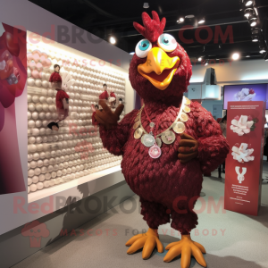 Maroon Rooster mascot costume character dressed with a Bikini and Coin purses