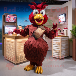 Maroon Rooster mascot costume character dressed with a Bikini and Coin purses