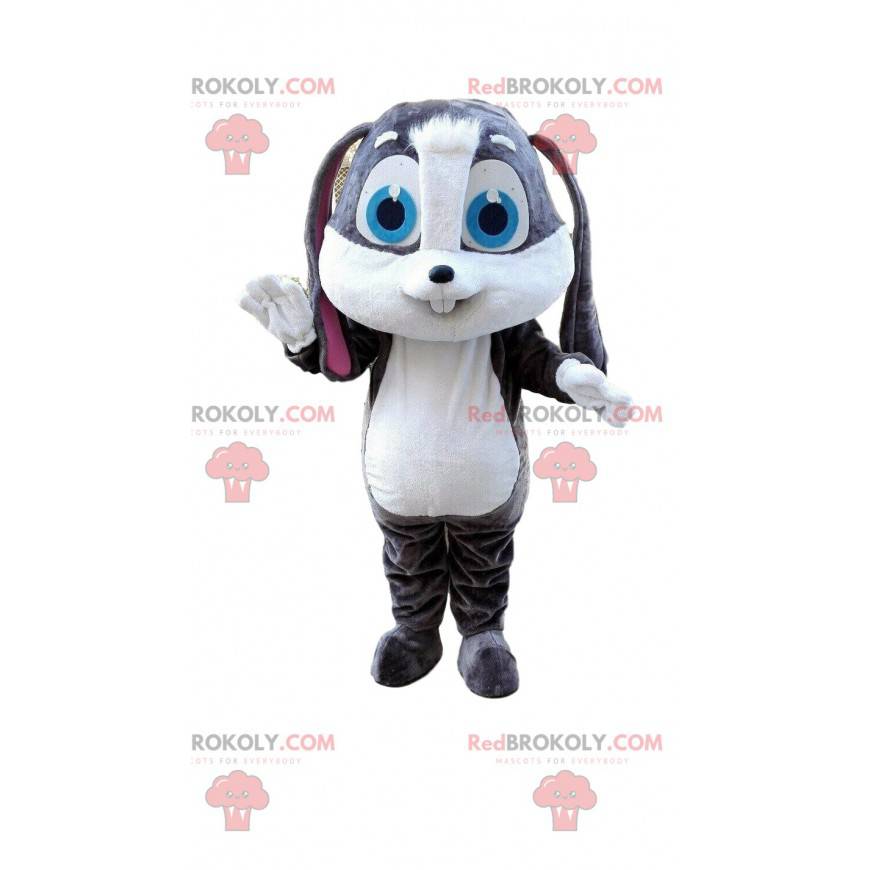 Mascotte de gros lapin gris et blanc avec de gros yeux bleus - Mascotte de gros lapin gris et blanc avec de gros yeux bleus -