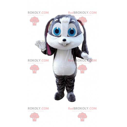 Mascot gran conejo gris y blanco con grandes ojos azules -