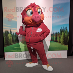 Maroon Salmon mascot costume character dressed with a Joggers and Earrings
