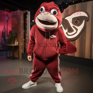 Maroon Salmon mascot costume character dressed with a Joggers and Earrings