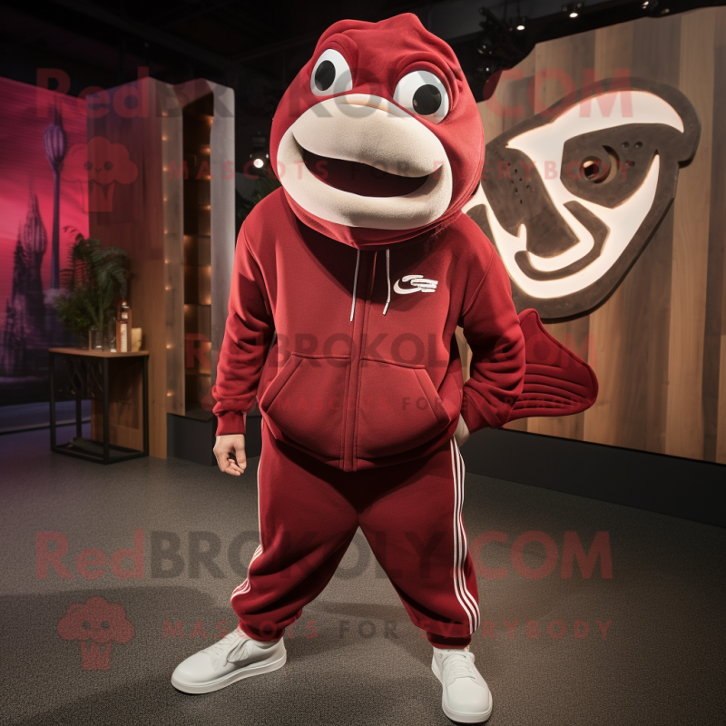 Maroon Salmon mascot costume character dressed with a Joggers and Earrings Maroon Salmon mascot costume character dressed with a Joggers and Earrings