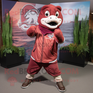 Maroon Salmon mascot costume character dressed with a Joggers and Earrings