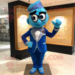Blue Biryani mascot costume character dressed with a Suit Jacket and Bow ties