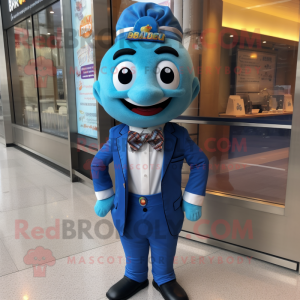 Blue Biryani mascot costume character dressed with a Suit Jacket and Bow ties