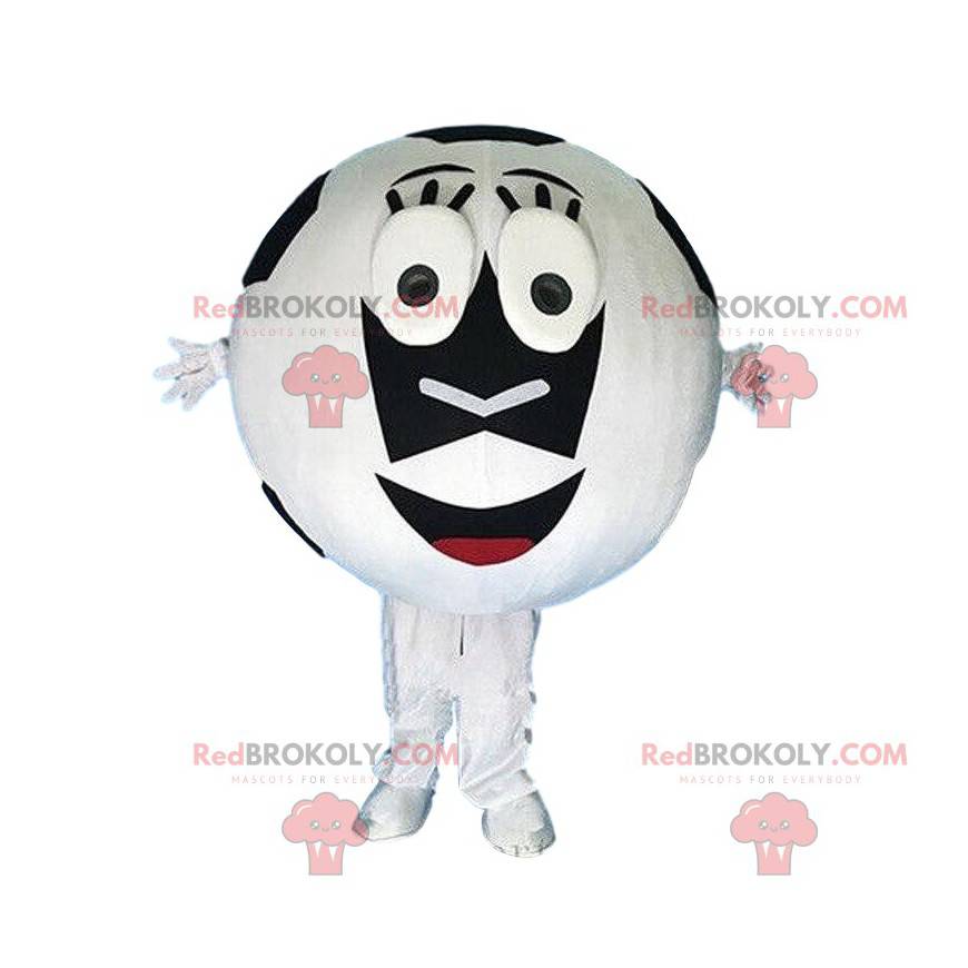 Mascote bola de futebol branca e preta, traje esportivo -