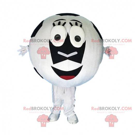 Mascote bola de futebol branca e preta, traje esportivo -