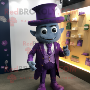 Purple Attorney mascot costume character dressed with a Waistcoat and Brooches