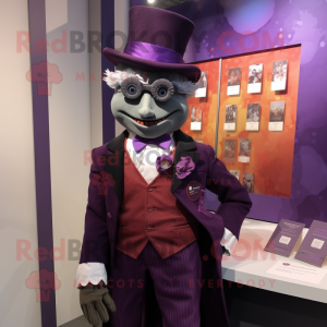 Purple Attorney mascot costume character dressed with a Waistcoat and Brooches