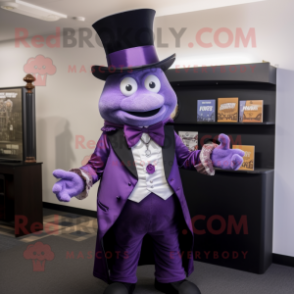 Purple Attorney mascot costume character dressed with a Waistcoat and Brooches