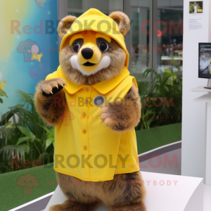 Yellow Spectacled Bear mascot costume character dressed with a Midi Dress and Beanies
