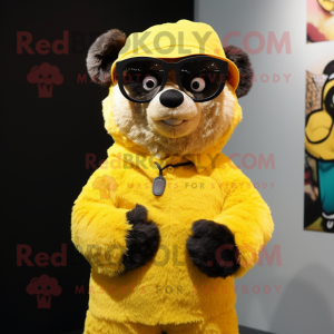 Yellow Spectacled Bear mascot costume character dressed with a Midi Dress and Beanies