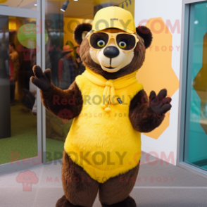 Yellow Spectacled Bear mascot costume character dressed with a Midi Dress and Beanies