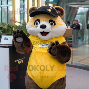 Yellow Spectacled Bear mascot costume character dressed with a Midi Dress and Beanies