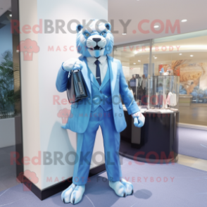 Blue Saber-Toothed Tiger mascot costume character dressed with a Suit Jacket and Handbags