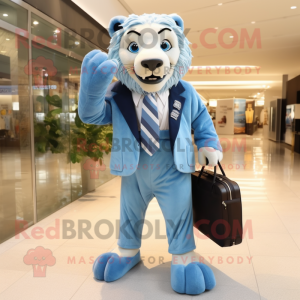 Blue Saber-Toothed Tiger mascot costume character dressed with a Suit Jacket and Handbags
