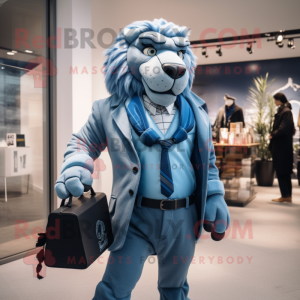 Blue Saber-Toothed Tiger mascot costume character dressed with a Suit Jacket and Handbags