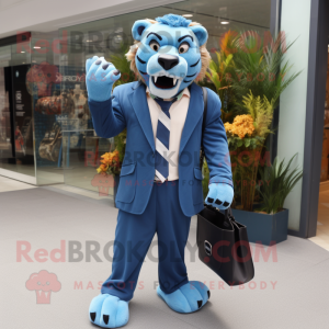 Blue Saber-Toothed Tiger mascot costume character dressed with a Suit Jacket and Handbags