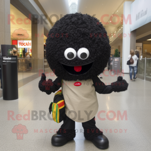 Black Falafel mascot costume character dressed with a Suit Pants and Backpacks