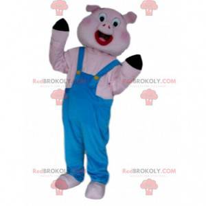 Mascotte de cochon en salopette, costume des 3 petits cochons -