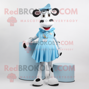 Sky Blue Holstein Cow mascot costume character dressed with a Mini Skirt and Wraps