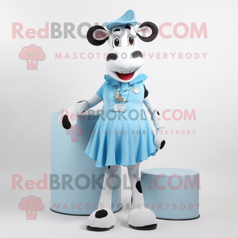 Sky Blue Holstein Cow mascot costume character dressed with a Mini Skirt and Wraps