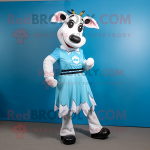 Sky Blue Holstein Cow mascot costume character dressed with a Mini Skirt and Wraps