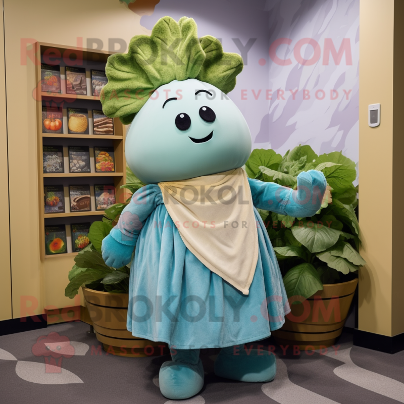 Turquoise Turnip mascot costume character dressed with a Shift Dress and Scarves Turquoise Turnip mascot costume character dressed with a Shift Dress and Scarves