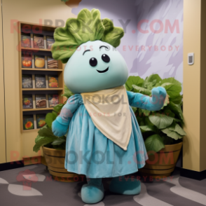 Turquoise Turnip mascot costume character dressed with a Shift Dress and Scarves