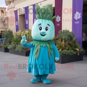 Turquoise Turnip mascot costume character dressed with a Shift Dress and Scarves