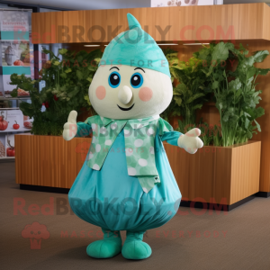 Turquoise Turnip mascot costume character dressed with a Shift Dress and Scarves