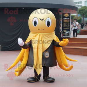 Gold Squid mascot costume character dressed with a Suit Jacket and Keychains