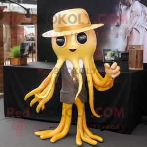 Gold Squid mascot costume character dressed with a Suit Jacket and Keychains