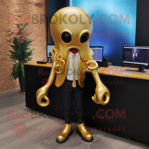 Gold Squid mascot costume character dressed with a Suit Jacket and Keychains