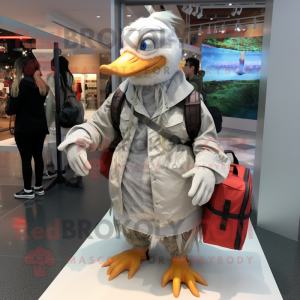 Silver Muscovy Duck mascot costume character dressed with a Wrap Dress and Backpacks