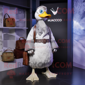 Silver Muscovy Duck mascot costume character dressed with a Wrap Dress and Backpacks