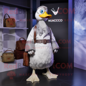 Silver Muscovy Duck mascot costume character dressed with a Wrap Dress and Backpacks