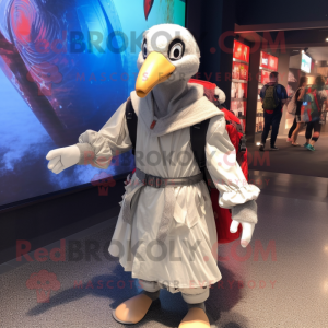 Silver Muscovy Duck mascot costume character dressed with a Wrap Dress and Backpacks