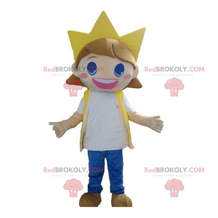 Girl mascot with a crown, queen costume, child king -