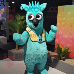 Turquoise Llama mascot costume character dressed with a One-Piece Swimsuit and Smartwatches