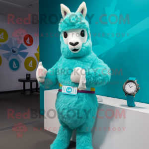 Turquoise Llama mascot costume character dressed with a One-Piece Swimsuit and Smartwatches