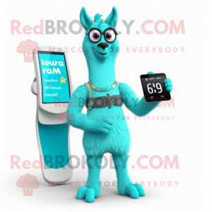 Turquoise Llama mascot costume character dressed with a One-Piece Swimsuit and Smartwatches