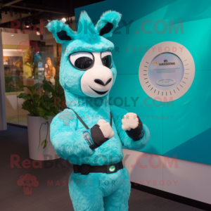 Turquoise Llama mascot costume character dressed with a One-Piece Swimsuit and Smartwatches