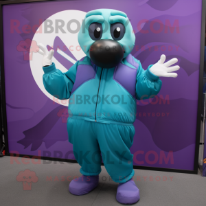Teal Eggplant mascot costume character dressed with a Bomber Jacket and Gloves